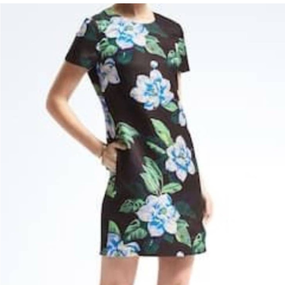 Banana Republic Tropical Floral Sheath Dress Size 14 Black Blue & Green Linen